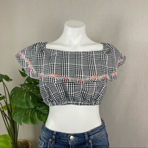 GUESS Embroidered Plaid Off The Shoulder Crop Top (Sz Large)